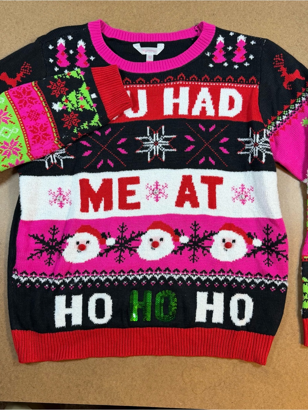 No Boundaries Holiday Crewneck Sweater - Pink, Black, Red, Green & White